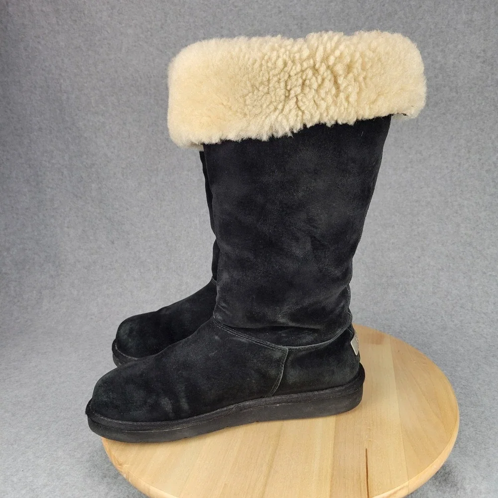 Ugg Upside 5163 Tall Lace Up Boot Women 9 Black Suede Shearling Lining